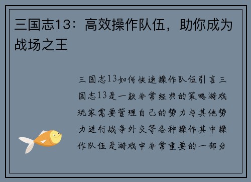 三国志13：高效操作队伍，助你成为战场之王